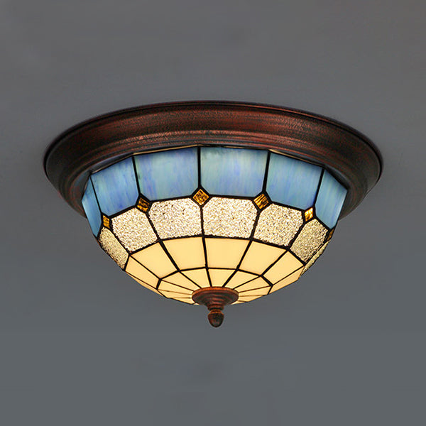 Industrial Vintage Dome Shape Flushmount Ceiling Light Stained Glass 1 Light Flush Mount Ceiling Fixture in White/Clear/Blue Clear Clearhalo 'Ceiling Lights' 'Close To Ceiling Lights' 'Close to ceiling' 'Flush mount' Lighting' 26775