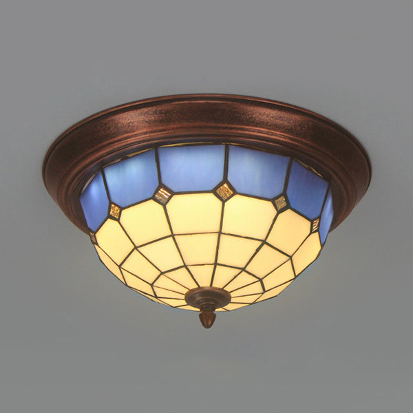 Industrial Vintage Dome Shape Flushmount Ceiling Light Stained Glass 1 Light Flush Mount Ceiling Fixture in White/Clear/Blue White Clearhalo 'Ceiling Lights' 'Close To Ceiling Lights' 'Close to ceiling' 'Flush mount' Lighting' 26777