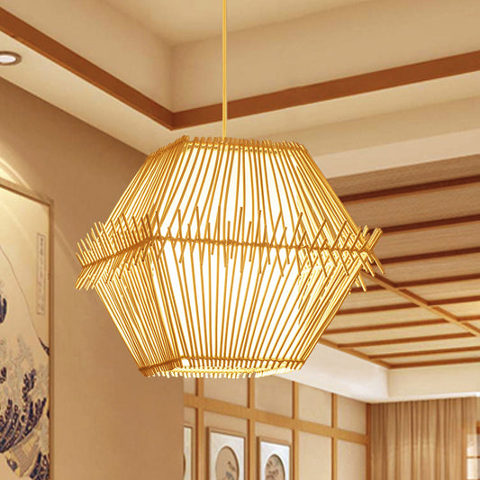 1 Bulb Tapered/Jar Pendant Lighting Traditional Bamboo Hanging Light Fixture in Wood Clearhalo 'Ceiling Lights' 'Pendant Lights' 'Pendants' Lighting' 267814