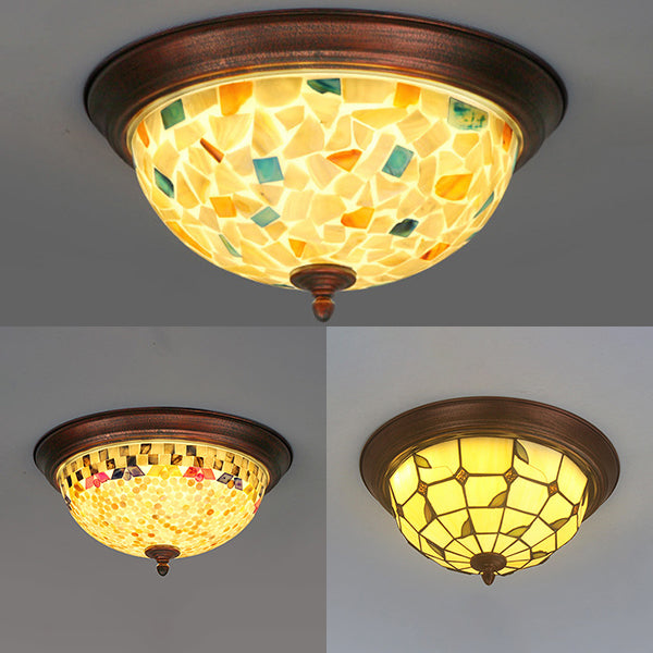 Beige Round Flushmount Light Lodge Stained Glass 1 Bulb Ceiling Light Fixture with Flower/Geometric/Gem/Leaf Pattern Clearhalo 'Ceiling Lights' 'Close To Ceiling Lights' 'Close to ceiling' 'Flush mount' Lighting' 26788