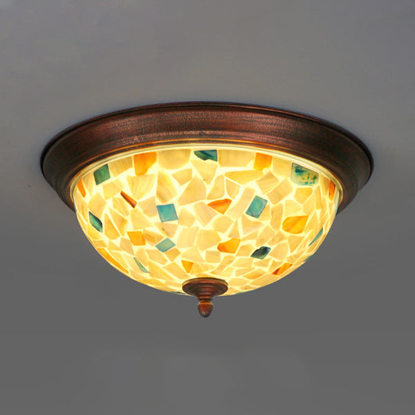 Beige Round Flushmount Light Lodge Stained Glass 1 Bulb Ceiling Light Fixture with Flower/Geometric/Gem/Leaf Pattern Beige Gem Clearhalo 'Ceiling Lights' 'Close To Ceiling Lights' 'Close to ceiling' 'Flush mount' Lighting' 26789