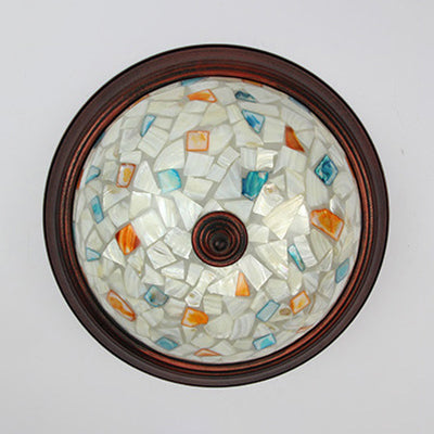 Beige Round Flushmount Light Lodge Stained Glass 1 Bulb Ceiling Light Fixture with Flower/Geometric/Gem/Leaf Pattern Clearhalo 'Ceiling Lights' 'Close To Ceiling Lights' 'Close to ceiling' 'Flush mount' Lighting' 26790