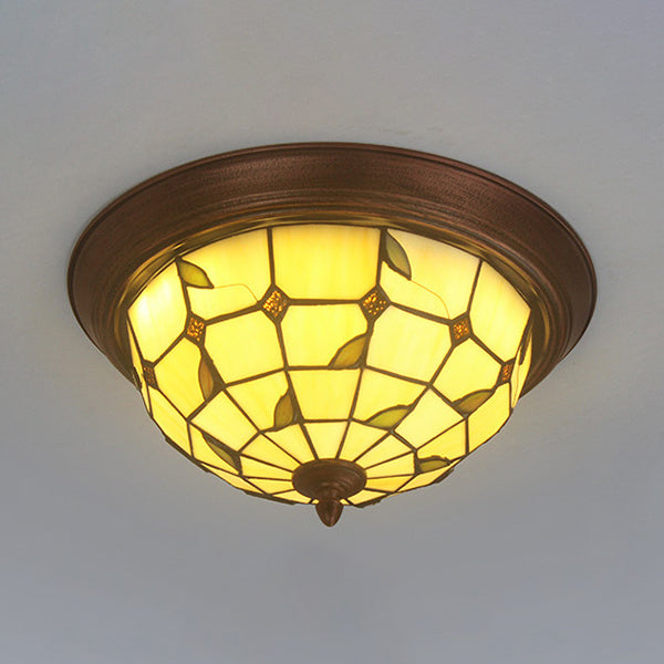 Beige Round Flushmount Light Lodge Stained Glass 1 Bulb Ceiling Light Fixture with Flower/Geometric/Gem/Leaf Pattern Beige Leaf Clearhalo 'Ceiling Lights' 'Close To Ceiling Lights' 'Close to ceiling' 'Flush mount' Lighting' 26791