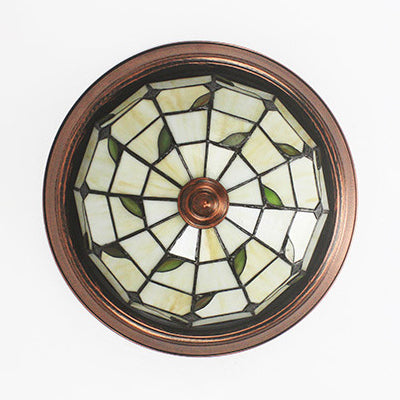 Beige Round Flushmount Light Lodge Stained Glass 1 Bulb Ceiling Light Fixture with Flower/Geometric/Gem/Leaf Pattern Clearhalo 'Ceiling Lights' 'Close To Ceiling Lights' 'Close to ceiling' 'Flush mount' Lighting' 26792