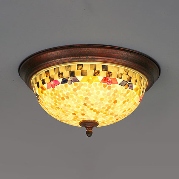 Beige Round Flushmount Light Lodge Stained Glass 1 Bulb Ceiling Light Fixture with Flower/Geometric/Gem/Leaf Pattern Beige Geometric Clearhalo 'Ceiling Lights' 'Close To Ceiling Lights' 'Close to ceiling' 'Flush mount' Lighting' 26793