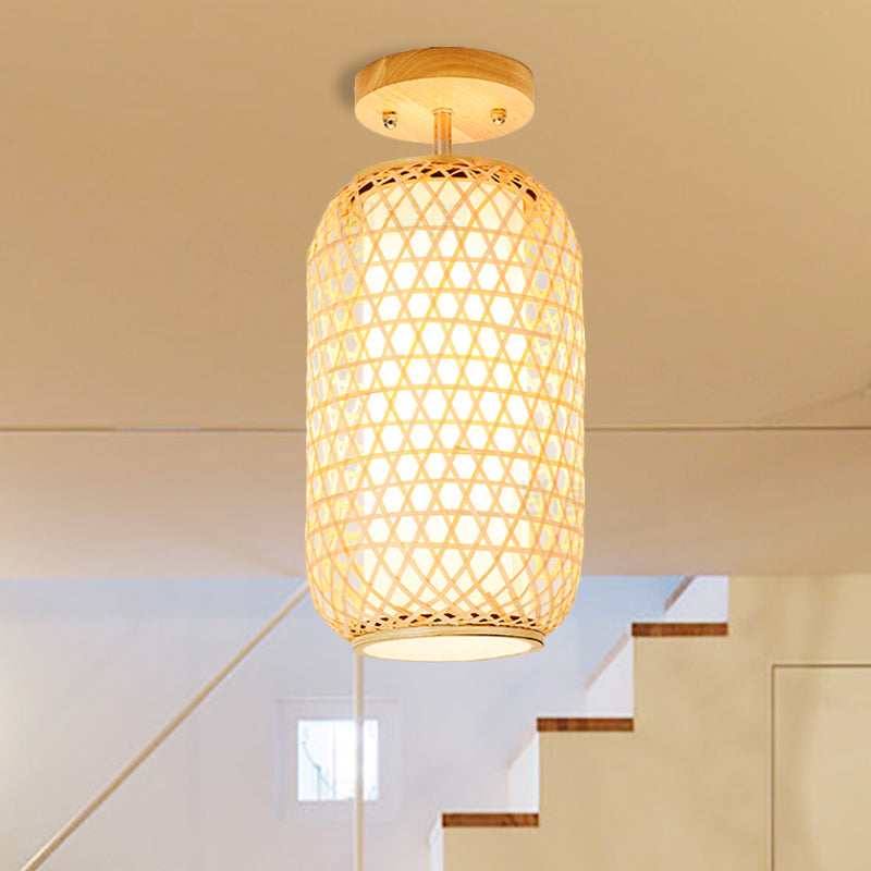 1 Bulb Cylinder/Basket/Cup/Dome Semi Flush Light Modernist Bamboo Ceiling Mounted Fixture in Wood for Living Room Wood A Clearhalo 'Ceiling Lights' 'Close To Ceiling Lights' 'Close to ceiling' 'Semi-flushmount' Lighting' 267942