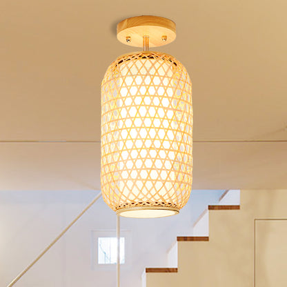 1 Bulb Cylinder/Basket/Cup/Dome Semi Flush Light Modernist Bamboo Ceiling Mounted Fixture in Wood for Living Room Wood A Clearhalo 'Ceiling Lights' 'Close To Ceiling Lights' 'Close to ceiling' 'Semi-flushmount' Lighting' 267942