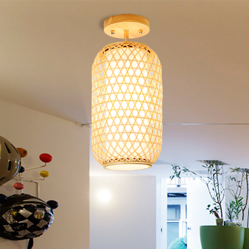 1 Bulb Cylinder/Basket/Cup/Dome Semi Flush Light Modernist Bamboo Ceiling Mounted Fixture in Wood for Living Room Clearhalo 'Ceiling Lights' 'Close To Ceiling Lights' 'Close to ceiling' 'Semi-flushmount' Lighting' 267943