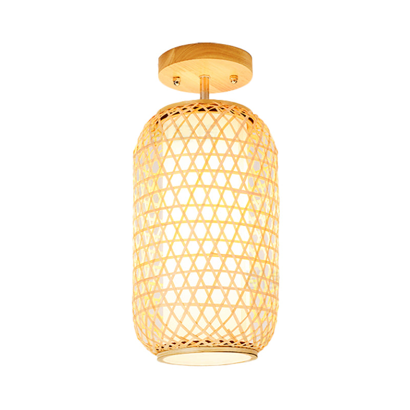 1 Bulb Cylinder/Basket/Cup/Dome Semi Flush Light Modernist Bamboo Ceiling Mounted Fixture in Wood for Living Room Clearhalo 'Ceiling Lights' 'Close To Ceiling Lights' 'Close to ceiling' 'Semi-flushmount' Lighting' 267945