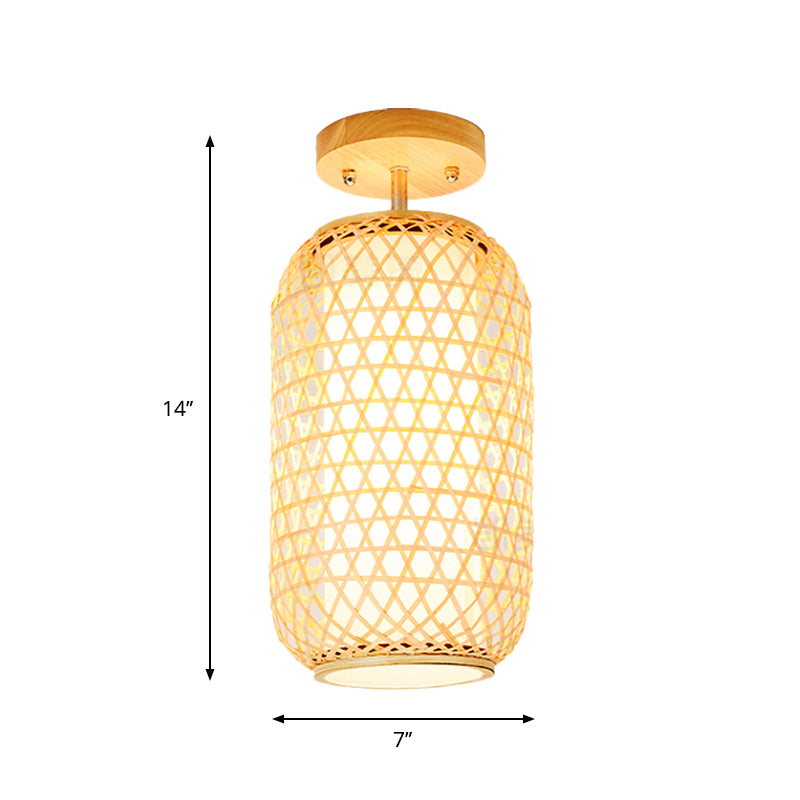 1 Bulb Cylinder/Basket/Cup/Dome Semi Flush Light Modernist Bamboo Ceiling Mounted Fixture in Wood for Living Room Clearhalo 'Ceiling Lights' 'Close To Ceiling Lights' 'Close to ceiling' 'Semi-flushmount' Lighting' 267946