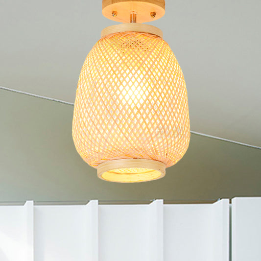 1 Bulb Cylinder/Basket/Cup/Dome Semi Flush Light Modernist Bamboo Ceiling Mounted Fixture in Wood for Living Room Wood B Clearhalo 'Ceiling Lights' 'Close To Ceiling Lights' 'Close to ceiling' 'Semi-flushmount' Lighting' 267947