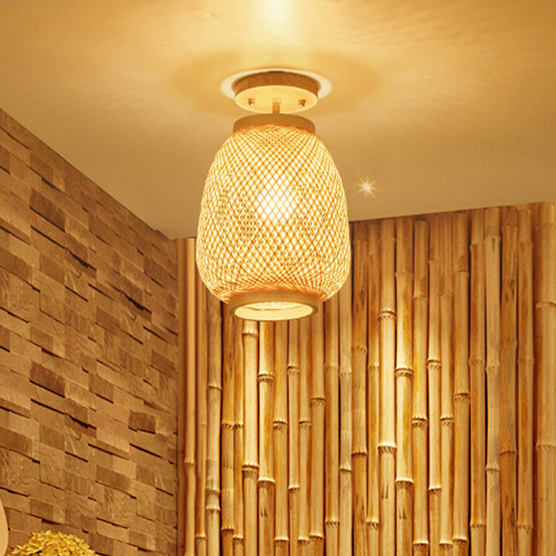 1 Bulb Cylinder/Basket/Cup/Dome Semi Flush Light Modernist Bamboo Ceiling Mounted Fixture in Wood for Living Room Clearhalo 'Ceiling Lights' 'Close To Ceiling Lights' 'Close to ceiling' 'Semi-flushmount' Lighting' 267948