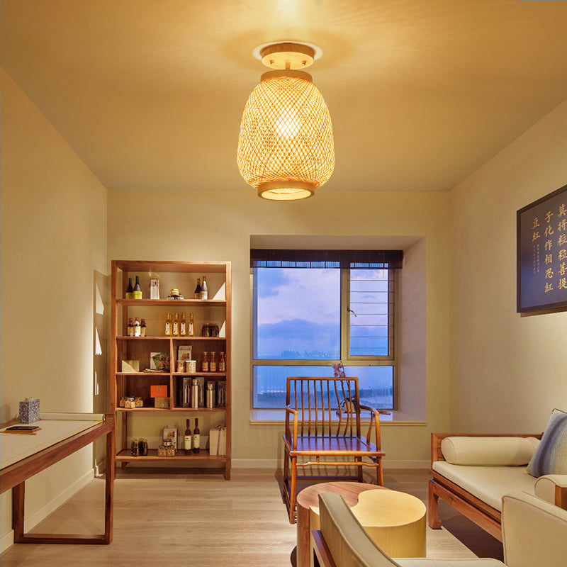 1 Bulb Cylinder/Basket/Cup/Dome Semi Flush Light Modernist Bamboo Ceiling Mounted Fixture in Wood for Living Room Clearhalo 'Ceiling Lights' 'Close To Ceiling Lights' 'Close to ceiling' 'Semi-flushmount' Lighting' 267949