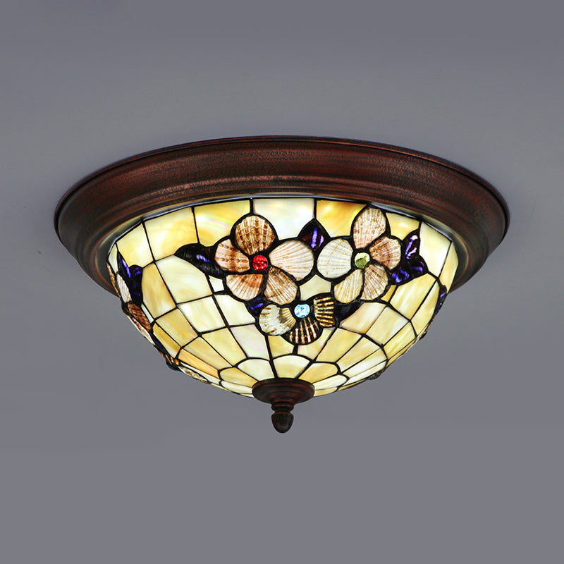 Beige Round Flushmount Light Lodge Stained Glass 1 Bulb Ceiling Light Fixture with Flower/Geometric/Gem/Leaf Pattern Clearhalo 'Ceiling Lights' 'Close To Ceiling Lights' 'Close to ceiling' 'Flush mount' Lighting' 26795