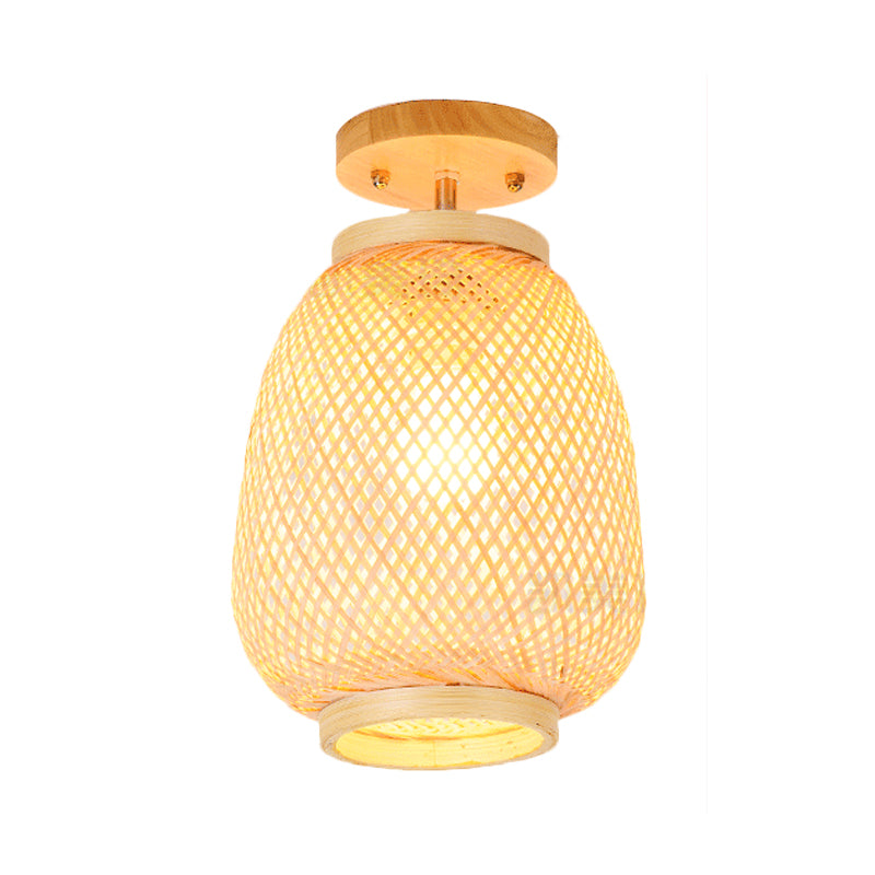1 Bulb Cylinder/Basket/Cup/Dome Semi Flush Light Modernist Bamboo Ceiling Mounted Fixture in Wood for Living Room Clearhalo 'Ceiling Lights' 'Close To Ceiling Lights' 'Close to ceiling' 'Semi-flushmount' Lighting' 267950