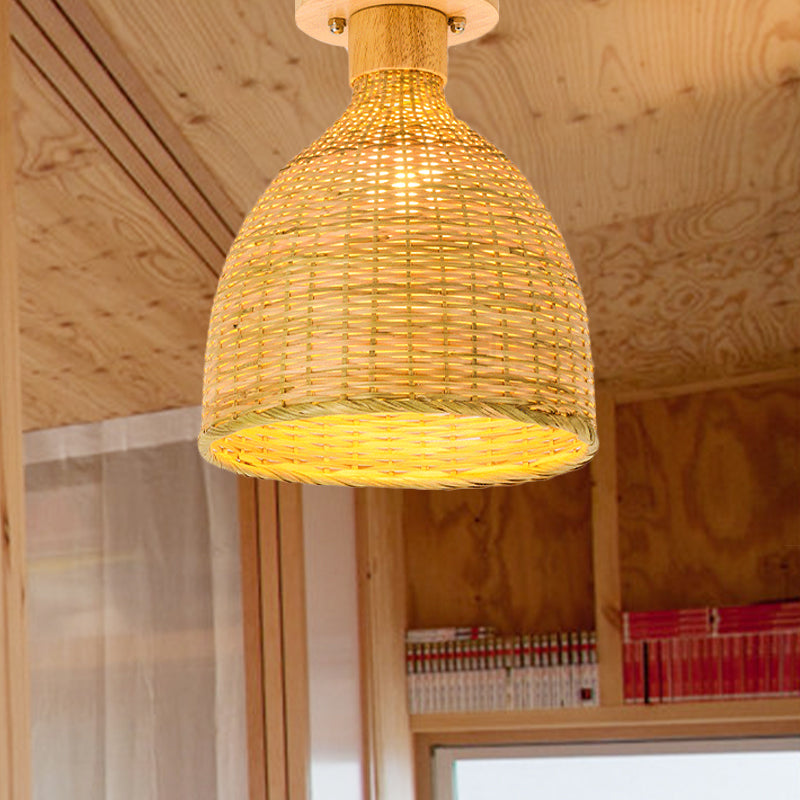 1 Bulb Cylinder/Basket/Cup/Dome Semi Flush Light Modernist Bamboo Ceiling Mounted Fixture in Wood for Living Room Wood C Clearhalo 'Ceiling Lights' 'Close To Ceiling Lights' 'Close to ceiling' 'Semi-flushmount' Lighting' 267952