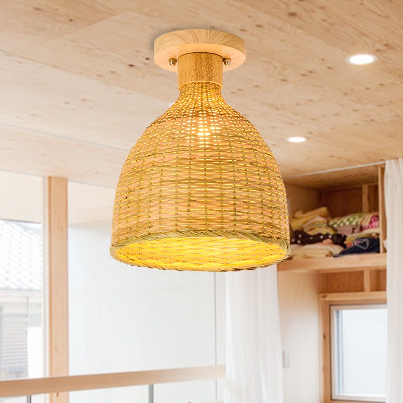 1 Bulb Cylinder/Basket/Cup/Dome Semi Flush Light Modernist Bamboo Ceiling Mounted Fixture in Wood for Living Room Clearhalo 'Ceiling Lights' 'Close To Ceiling Lights' 'Close to ceiling' 'Semi-flushmount' Lighting' 267953