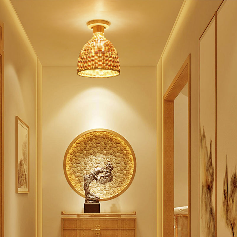 1 Bulb Cylinder/Basket/Cup/Dome Semi Flush Light Modernist Bamboo Ceiling Mounted Fixture in Wood for Living Room Clearhalo 'Ceiling Lights' 'Close To Ceiling Lights' 'Close to ceiling' 'Semi-flushmount' Lighting' 267954