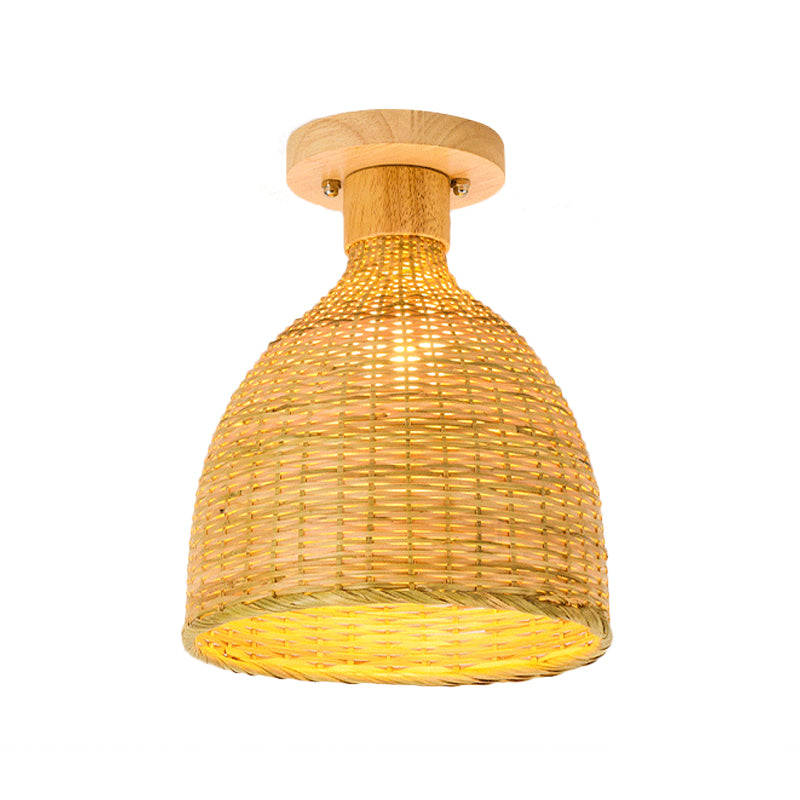 1 Bulb Cylinder/Basket/Cup/Dome Semi Flush Light Modernist Bamboo Ceiling Mounted Fixture in Wood for Living Room Clearhalo 'Ceiling Lights' 'Close To Ceiling Lights' 'Close to ceiling' 'Semi-flushmount' Lighting' 267955