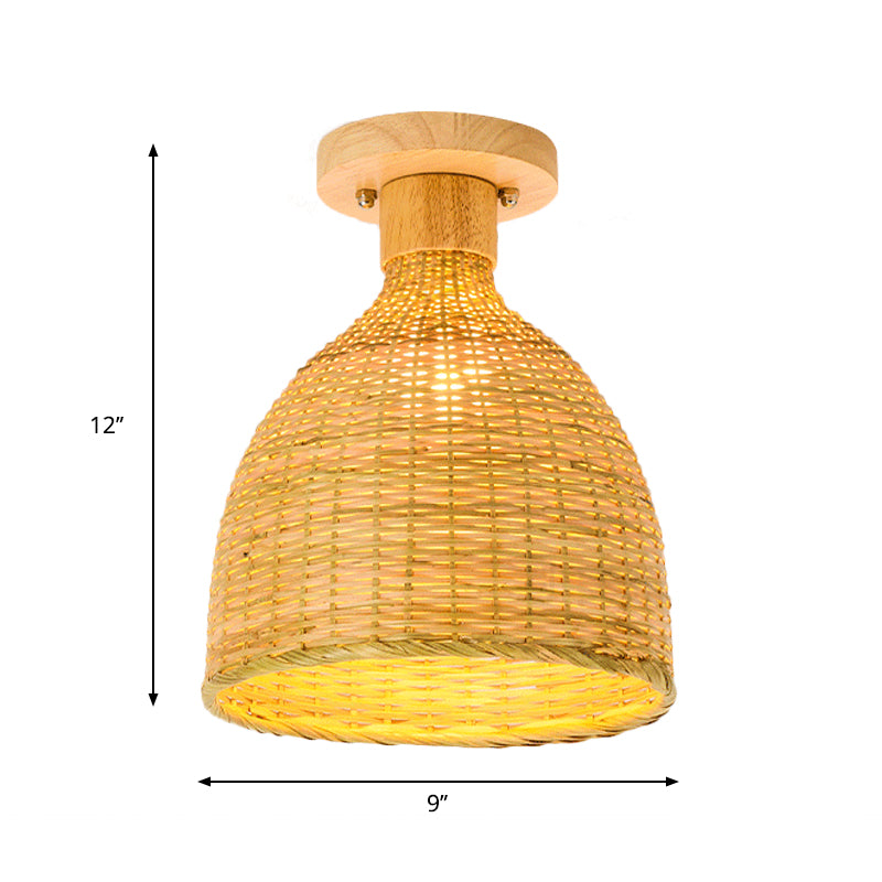 1 Bulb Cylinder/Basket/Cup/Dome Semi Flush Light Modernist Bamboo Ceiling Mounted Fixture in Wood for Living Room Clearhalo 'Ceiling Lights' 'Close To Ceiling Lights' 'Close to ceiling' 'Semi-flushmount' Lighting' 267956