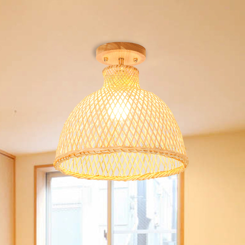 1 Bulb Cylinder/Basket/Cup/Dome Semi Flush Light Modernist Bamboo Ceiling Mounted Fixture in Wood for Living Room Clearhalo 'Ceiling Lights' 'Close To Ceiling Lights' 'Close to ceiling' 'Semi-flushmount' Lighting' 267957
