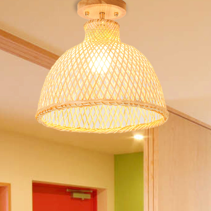 1 Bulb Cylinder/Basket/Cup/Dome Semi Flush Light Modernist Bamboo Ceiling Mounted Fixture in Wood for Living Room Wood D Clearhalo 'Ceiling Lights' 'Close To Ceiling Lights' 'Close to ceiling' 'Semi-flushmount' Lighting' 267958