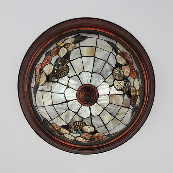 Beige Round Flushmount Light Lodge Stained Glass 1 Bulb Ceiling Light Fixture with Flower/Geometric/Gem/Leaf Pattern Clearhalo 'Ceiling Lights' 'Close To Ceiling Lights' 'Close to ceiling' 'Flush mount' Lighting' 26796