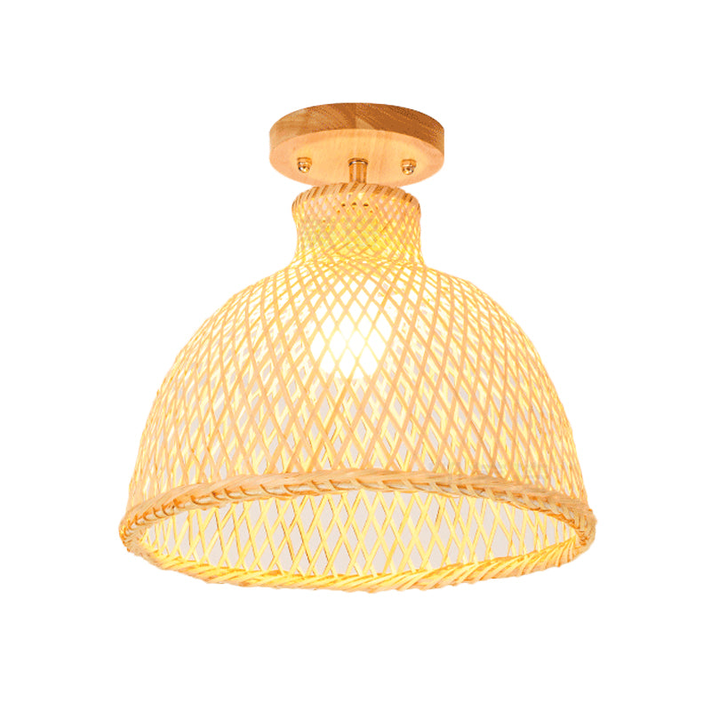 1 Bulb Cylinder/Basket/Cup/Dome Semi Flush Light Modernist Bamboo Ceiling Mounted Fixture in Wood for Living Room Clearhalo 'Ceiling Lights' 'Close To Ceiling Lights' 'Close to ceiling' 'Semi-flushmount' Lighting' 267960