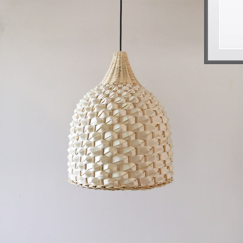 1 Bulb Dining Room Ceiling Lamp Modern Beige Hanging Pendant Light with Bell Bamboo Shade Clearhalo 'Ceiling Lights' 'Pendant Lights' 'Pendants' Lighting' 267983
