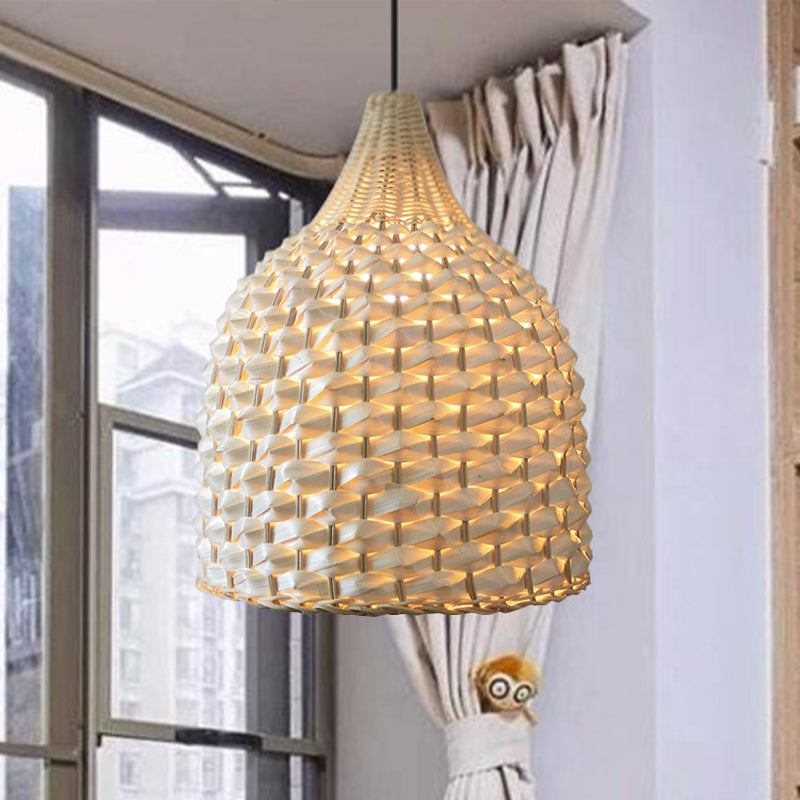 1 Bulb Dining Room Ceiling Lamp Modern Beige Hanging Pendant Light with Bell Bamboo Shade Clearhalo 'Ceiling Lights' 'Pendant Lights' 'Pendants' Lighting' 267984
