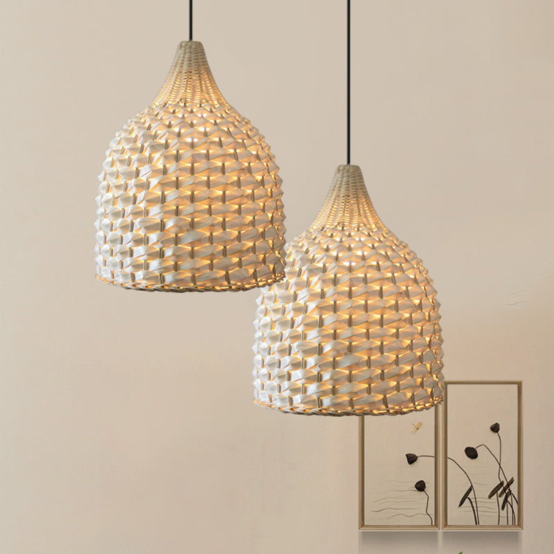 1 Bulb Dining Room Ceiling Lamp Modern Beige Hanging Pendant Light with Bell Bamboo Shade Clearhalo 'Ceiling Lights' 'Pendant Lights' 'Pendants' Lighting' 267985