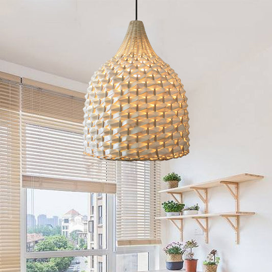 1 Bulb Dining Room Ceiling Lamp Modern Beige Hanging Pendant Light with Bell Bamboo Shade Clearhalo 'Ceiling Lights' 'Pendant Lights' 'Pendants' Lighting' 267986