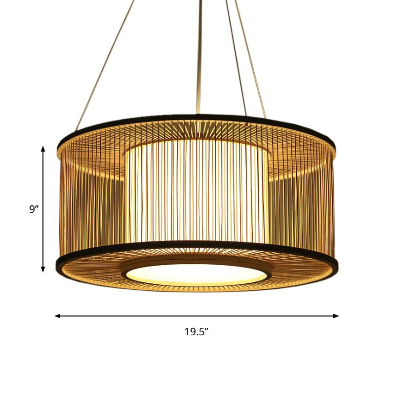 Drum Suspension Pendant Contemporary Bamboo 1 Bulb Wood Hanging Light Kit, 16"/19.5" Wide Clearhalo 'Ceiling Lights' 'Pendant Lights' 'Pendants' Lighting' 268026