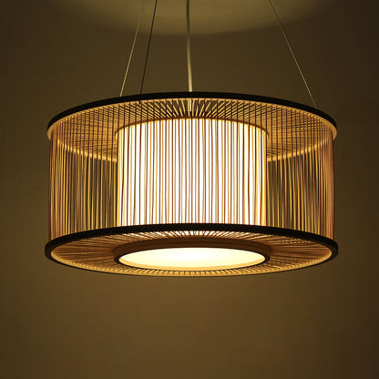 Drum Suspension Pendant Contemporary Bamboo 1 Bulb Wood Hanging Light Kit, 16"/19.5" Wide Wood 16" Clearhalo 'Ceiling Lights' 'Pendant Lights' 'Pendants' Lighting' 268027_304c3e2d-67e3-4bd1-ad80-af6cf427861f