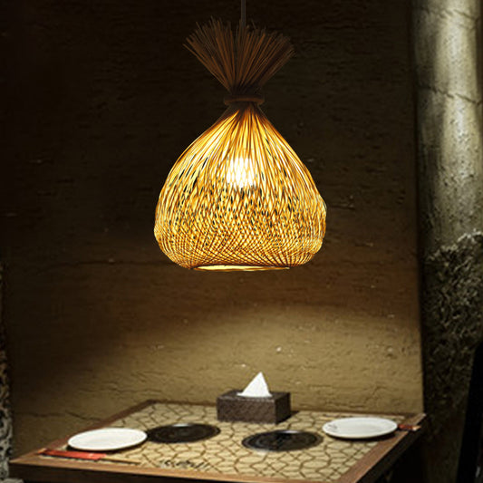 1 Bulb Restaurant Ceiling Light Asian Wood Pendant Light Fixture with Handwoven Bamboo Shade Clearhalo 'Ceiling Lights' 'Pendant Lights' 'Pendants' Lighting' 268124