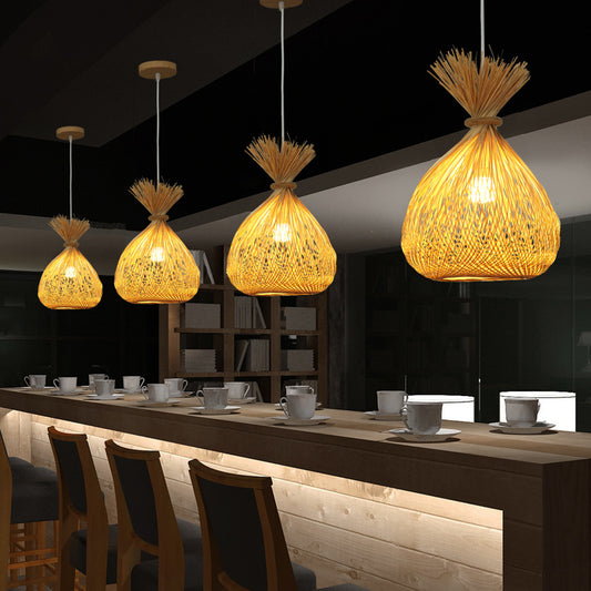 1 Bulb Restaurant Ceiling Light Asian Wood Pendant Light Fixture with Handwoven Bamboo Shade Clearhalo 'Ceiling Lights' 'Pendant Lights' 'Pendants' Lighting' 268127