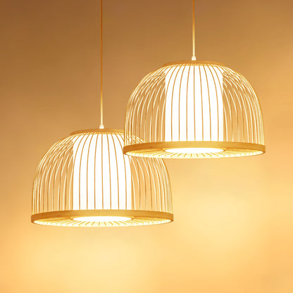 Dome Hanging Light Modernism Bamboo 1 Bulb 14"/16" Wide Wood Ceiling Pendant Lamp with Inner Fabric Shade Wood Clearhalo 'Ceiling Lights' 'Pendant Lights' 'Pendants' Lighting' 268179_4ab72baf-81ef-4873-8c79-0c49fd8f35d8