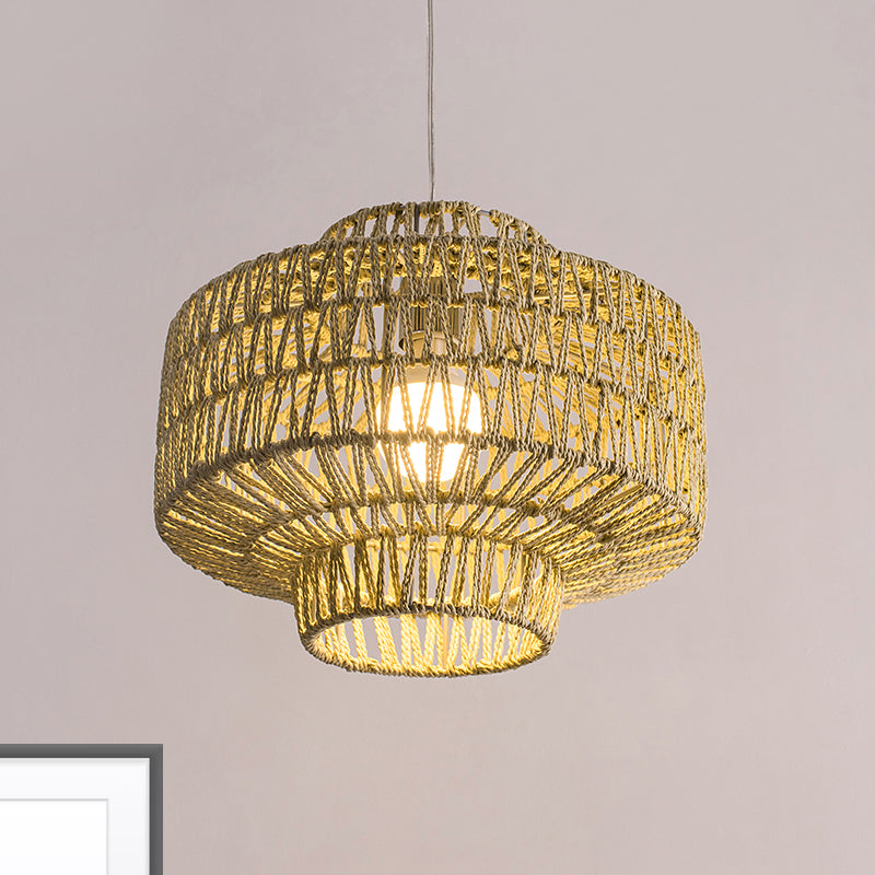 1 Bulb Oval/Lantern Pendant Lighting Tradition Rattan Wood Hanging Lamp Kit for Restaurant Clearhalo 'Ceiling Lights' 'Pendant Lights' 'Pendants' Lighting' 268226