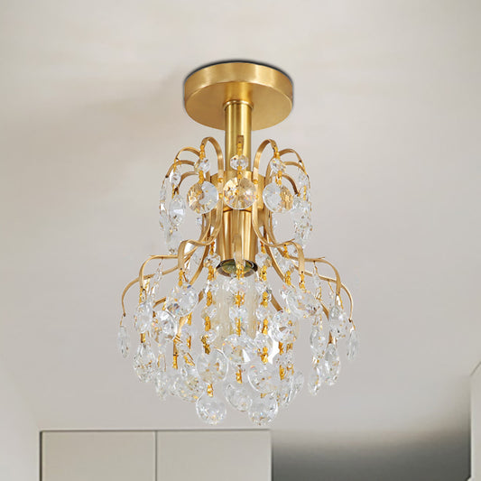 Brass Finish Geometric Semi Flush Ceiling Light Contemporary Metal and Crystal 1 Light Ceiling Light Fixture Clearhalo 'Ceiling Lights' 'Close To Ceiling Lights' 'Close to ceiling' 'Semi-flushmount' Lighting' 268276