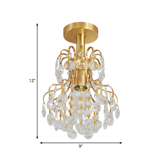 Brass Finish Geometric Semi Flush Ceiling Light Contemporary Metal and Crystal 1 Light Ceiling Light Fixture Clearhalo 'Ceiling Lights' 'Close To Ceiling Lights' 'Close to ceiling' 'Semi-flushmount' Lighting' 268279