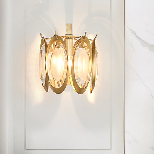 1 Bulb Brass and Crystal Wall Sconce Colonial Style Golden Oval Wall Lighting Fixture Clearhalo 'Wall Lamps & Sconces' 'Wall Lights' Lighting' 268397