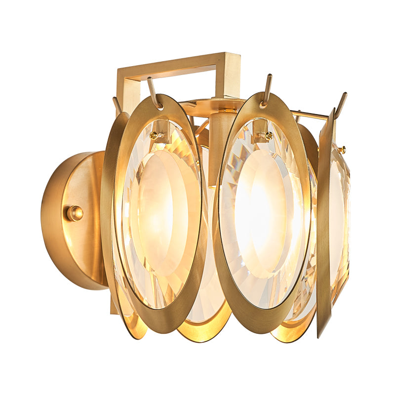 1 Bulb Brass and Crystal Wall Sconce Colonial Style Golden Oval Wall Lighting Fixture Clearhalo 'Wall Lamps & Sconces' 'Wall Lights' Lighting' 268400