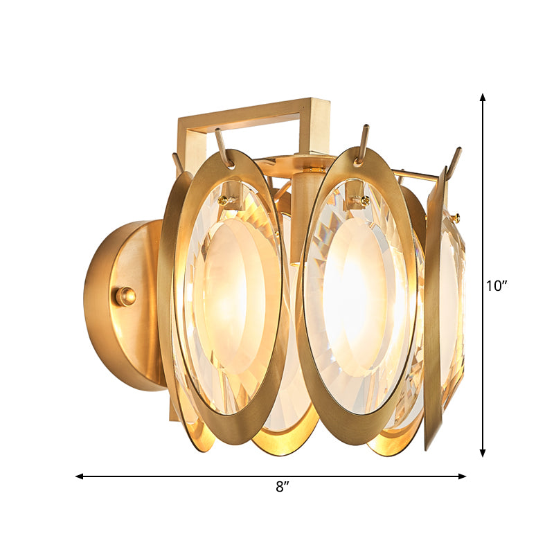 1 Bulb Brass and Crystal Wall Sconce Colonial Style Golden Oval Wall Lighting Fixture Clearhalo 'Wall Lamps & Sconces' 'Wall Lights' Lighting' 268401
