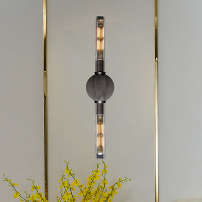 Metallic Black/Brass Sconce Light Tubular 2 Heads Retro Style Wall Lamp with Clear Glass Shade Black Clearhalo 'Wall Lamps & Sconces' 'Wall Lights' Lighting' 268449