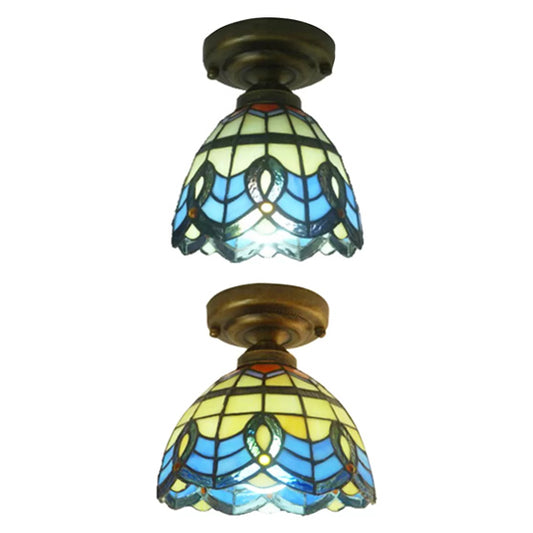 Stained Glass Ceiling Light Flush Mount, Mini Semi Flush Light in Blue with Bell Shade Baroque Style Clearhalo 'Ceiling Lights' 'Close To Ceiling Lights' 'Close to ceiling' 'Glass shade' 'Glass' 'Semi-flushmount' 'Tiffany close to ceiling' 'Tiffany' Lighting' 2684