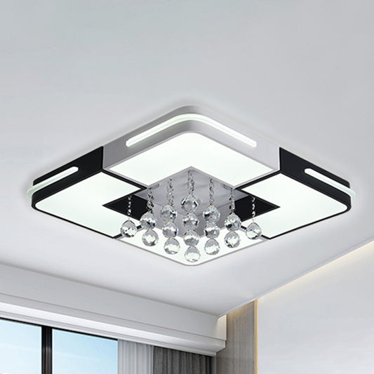 Modern LED Ceiling Light White Rectangle/Square Flush Mounted Light with Crystal Ball Accent in White/3 Color/Remote Control Stepless Dimming Light, 19.5"/23.5"/35.5" W White White