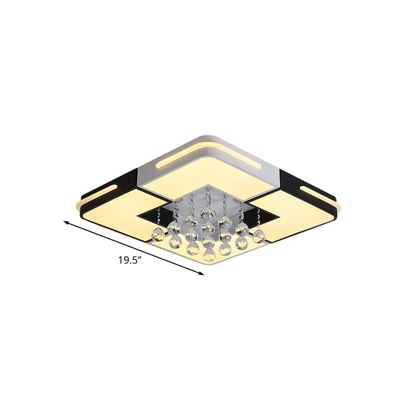 Modern LED Ceiling Light White Rectangle/Square Flush Mounted Light with Crystal Ball Accent in White/3 Color/Remote Control Stepless Dimming Light, 19.5"/23.5"/35.5" W Clearhalo 'Ceiling Lights' 'Close To Ceiling Lights' 'Close to ceiling' 'Flush mount' Lighting' 268608