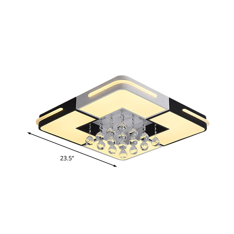 Modern LED Ceiling Light White Rectangle/Square Flush Mounted Light with Crystal Ball Accent in White/3 Color/Remote Control Stepless Dimming Light, 19.5"/23.5"/35.5" W Clearhalo 'Ceiling Lights' 'Close To Ceiling Lights' 'Close to ceiling' 'Flush mount' Lighting' 268609