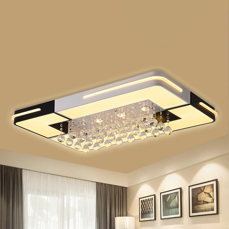 Modern LED Ceiling Light White Rectangle/Square Flush Mounted Light with Crystal Ball Accent in White/3 Color/Remote Control Stepless Dimming Light, 19.5"/23.5"/35.5" W White 35.5" Remote Control Stepless Dimming Clearhalo 'Ceiling Lights' 'Close To Ceiling Lights' 'Close to ceiling' 'Flush mount' Lighting' 268610