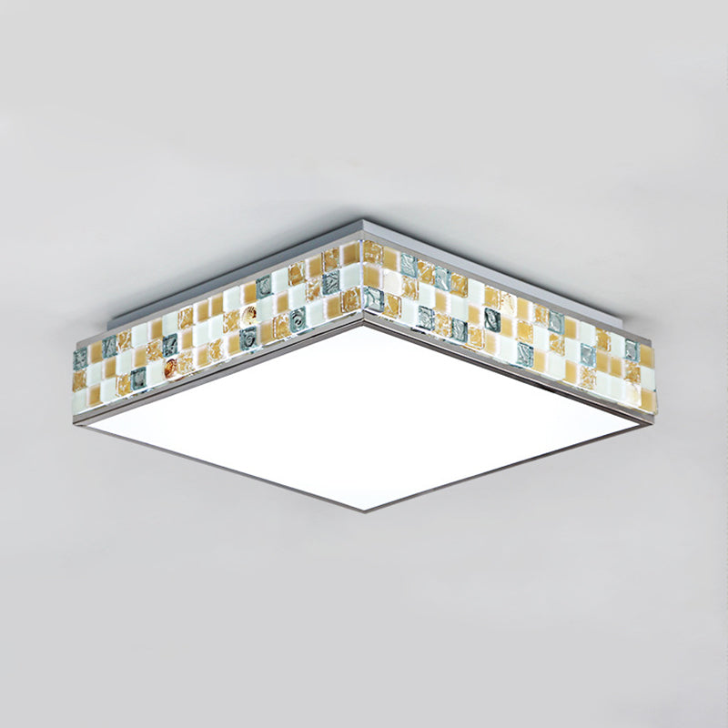 18"/35.5" W Cube Ceiling Fixture Retro Style Mosaic Glass 1 Bulb Flush Mount Ceiling Light in Beige Beige 18" Clearhalo 'Ceiling Lights' 'Close To Ceiling Lights' 'Close to ceiling' 'Flush mount' Lighting' 26864
